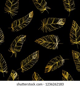 Hand-drawn seamless pattern with Sketch style bird feathers. Golden and black title background. Trendy boho chic. Tribal template