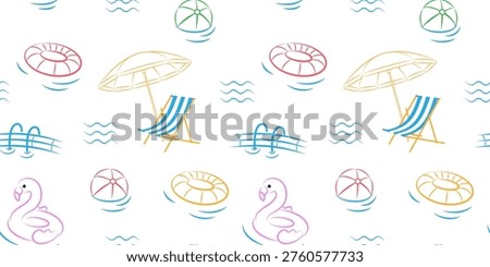 A hand-drawn seamless pattern in sketch style featuring a pink inflatable flamingo and pineapple on a white background. Inspiration for summer travel. Vector illustration. Suitable for fabric, gift wrap, apparel, textiles, surface textures, and scrapbooking.