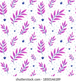 Hand-drawn seamless pattern. Small blue and bright purple leaves on a white background with blue spots. Decorative background for textiles, packaging, prints.