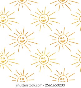 Hand-drawn seamless pattern of smiling suns with orange rays on a white background, perfect for cheerful designs.