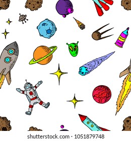 Hand-drawn seamless pattern of space illustrations. Vector cartoon sketches on a white background.