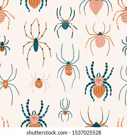 Hand-drawn seamless pattern with spiders. Stylish trendy repeat design for fabric or wrapping paper. Cute insects.