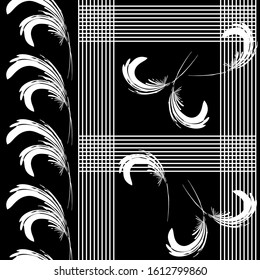 Hand-drawn seamless pattern with stripes and feathers. Abstract white feathers on  black background. Vector pattern for printing on fabric, gift wrapping, covers, wallpapers.