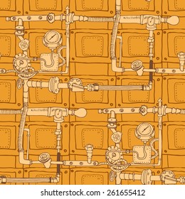 Hand-drawn seamless pattern in the style of steam punk, vector illustration background, bright orange color