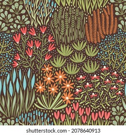 Hand-drawn seamless pattern with stylized wildflowers. Colorful floral illustration for paper and gift wrap. Fabric print textured design. Creative stylish background.