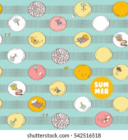 Hand-drawn seamless pattern with summer doodles. Summer time