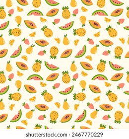 Handdrawn seamless pattern with summer fruits. Vector pineapple, pear, watermelon, papaya and strawberry.