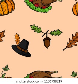 Hand-drawn seamless pattern of Thanksgiving Day illustrations. Vector cartoon background. Autumn conception.