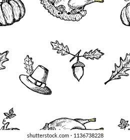 Hand-drawn seamless pattern of Thanksgiving Day illustrations. Vector cartoon background. Autumn conception.