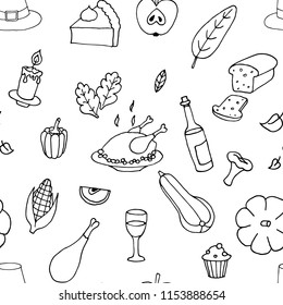Hand-drawn seamless pattern of Thanksgiving Day illustrations. Vector cartoon background. 