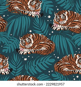 Hand-drawn seamless pattern of tigers, palm leaves, and flowers. Modern colorful vector flat illustration.