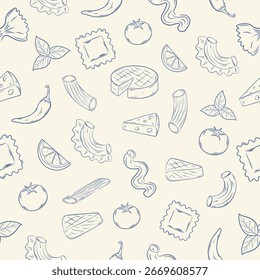 Patrón sin fisuras dibujado a mano con tomates, pasta italiana y queso. Ilustración vectorial.