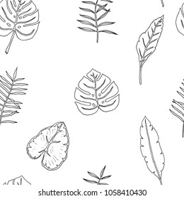 Hand-drawn seamless pattern of tropical leaves. Vector sketches on a white background. 