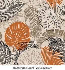 Hand-drawn seamless pattern with tropical leaves on a brown background. Hawaiian Style. Seamless pattern with colorful leaves and plants. Vector illustration background.