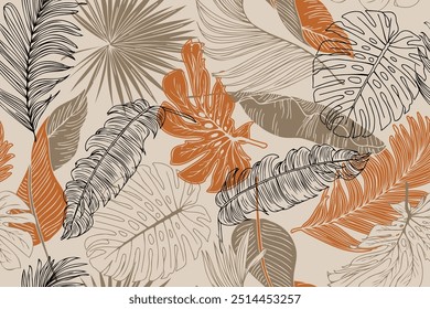 Dibujado a mano sin patrón con hojas tropicales sobre un fondo marrón. Estilo hawaiano. Patrón sin fisuras con hojas y plantas de colores. Ilustración vectorial de fondo.