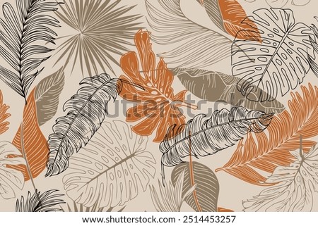Hand-drawn seamless pattern with tropical leaves on a brown background. Hawaiian Style. Seamless pattern with colorful leaves and plants. Vector illustration background.