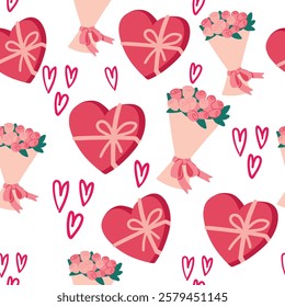 hand-drawn seamless pattern with valentine's day attributes, with a bouquet of flowers and a heart-shaped box of chocolates