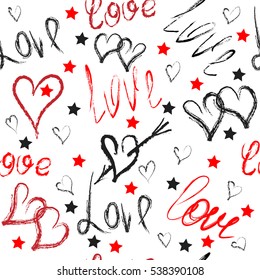Hand-drawn seamless pattern for Valentine's Day. Hearts and lettering - Love. Template for Valentine's Day greeting card, poster, wrapping paper.