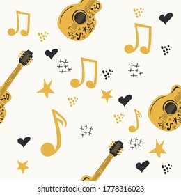 Handdrawn seamless pattern with various country music symbols - notes, guitar, stars and elements.