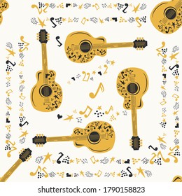 Handdrawn seamless pattern with various country music symbols - notes, guitar, stars and elements.