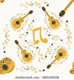Handdrawn seamless pattern with various country music symbols - notes, guitar, stars and elements.