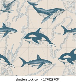 Hand-drawn seamless pattern with various fishes on the background of old map in vintage style. Vector repeating illustration, suitable for wallpaper, wrapping paper, fabric