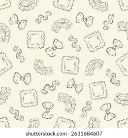 Hand-drawn seamless pattern with various Italian pasta. Designed for wrapping paper, packaging, fabric, and textile design. Vector illustration.