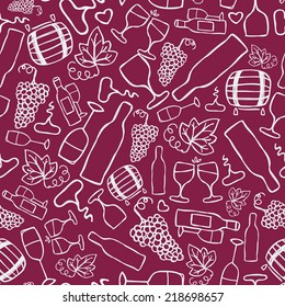 Hand-drawn Seamless Pattern. Vector Illustration. Wine Stuff - Bottle, Glass, Grape Ripe Grape Leaf, Corkscrew