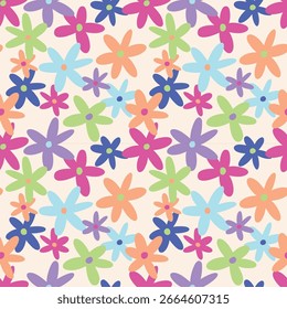 Hand-drawn seamless pattern with vibrant, retro-style floral doodles for kids, vector illustration.