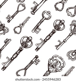 Patrón sin fisuras dibujado a mano de los bocetos de las llaves decorativas vintage con forja intrincada. Ilustración de dibujo de tinta y pluma, teclas sobre fondo blanco.