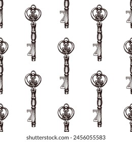 Hand-drawn seamless pattern of vintage decorative keys sketches with intricate forging. Ink and pen drawing illustration, keys on white background.