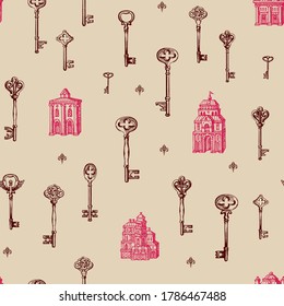 Patrón impecable dibujado a mano con llaves antiguas y edificios antiguos de estilo retro. Ilustraciones vectoriales repetibles en un fondo claro. Apto para papel de pared, papel de envoltura, tela, textil