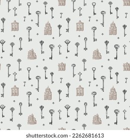 Hand-drawn seamless pattern with vintage keys and old buildings in retro style. Repeatable vector illustrations on a light background. Suitable for wallpaper, wrapping paper, fabric, textile