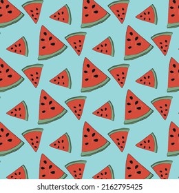 hand-drawn seamless pattern of watermelon slices on blue background. vector illustration.