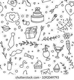 Hand-drawn seamless pattern of wedding illustrations. Cartoon doodles. Vector sketches. Wrapping paper for gifts.