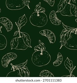 Hand-drawn seamless pattern with whole tangerines, slices and citrus leaves. This delicate line art illustration is perfect for food packaging, recipe blogs, textile print and kitchenware design.