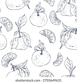 Hand-drawn seamless pattern with whole tangerines, slices and citrus leaves. This delicate line art illustration is perfect for food packaging, recipe blogs, textile print and kitchenware design.