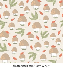 Hand-drawn seamless pattern with wild mushrooms and autumn leaves. Colorful seasonal illustration for paper and gift wrap. Fabric print design. Creative stylish background.