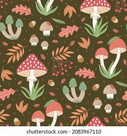 Hand-drawn seamless pattern with wild mushrooms and autumn leaves. Colorful seasonal illustration for paper and gift wrap. Fabric print design. Creative stylish background.