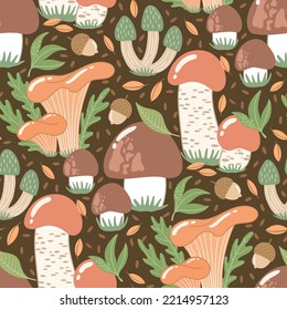 Hand-drawn seamless pattern with wild mushrooms and autumn leaves. Colorful seasonal illustration for paper and gift wrap. Fabric print design. Creative stylish background.