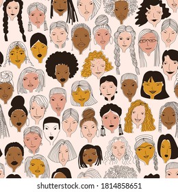 A hand-drawn seamless pattern of women's faces of different nationalities with various hairstyles. Stock vector illustration.