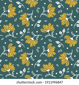 hand-drawn seamless pattern with yellow flowers on a green background