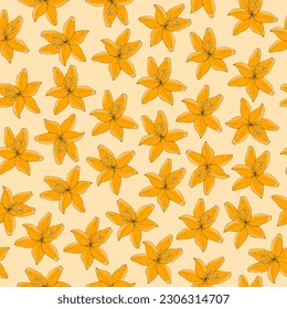 Hand-drawn seamless pattern with yellow lilies. Floral background for templates, wallpaper, cards.