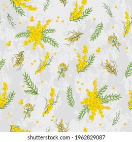 
hand-drawn, seamless pattern with yellow mimosa flowers. realistic spring print wallpaper, paper in a minimalist style. Botanical art, beautiful vector  illustration.