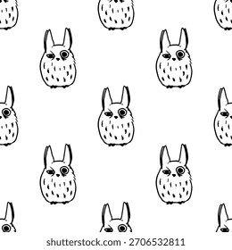 Dibujados a mano patrones sin fisuras con garabatos de temática animal en un estilo limpio de arte lineal en blanco y negro. Cada diseño repetible incluye ilustraciones lindas y simples adecuadas para fondos, textiles