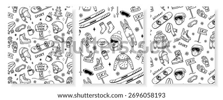 Hand-drawn seamless patterns set with ski, snowboarding, skates, helmets, boots, goggles, sweaters, gloves, coffee, trees, and winter accessories. Perfect for wrapping, fabric, kids design, print
