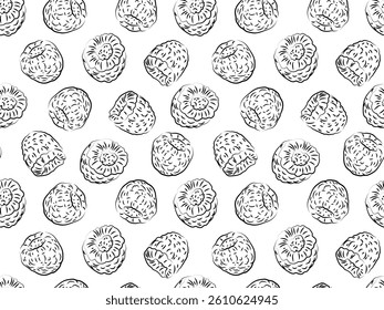 Hand-drawn seamless raspberry pattern. Black and white sketch fruit background. Vintage berry illustration for fabric, wrapping paper, packaging, or kitchen decor.
