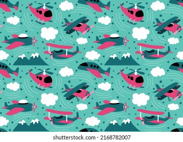  hand-drawn seamless repeating children simple pattern with aircraft 