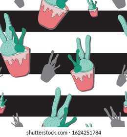 Hand-drawn seamless repeating pattern with flat cartoon cactus plants in pot isolated on striped black and white background.