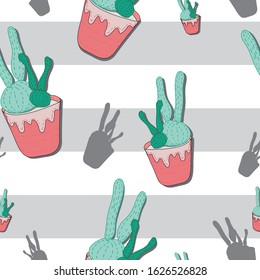 Hand-drawn seamless repeating vector pattern with flat cartoon cactus plants in pot isolated on striped grey and white background.Design for wallpaper or fabric, textile, print, cards, bags